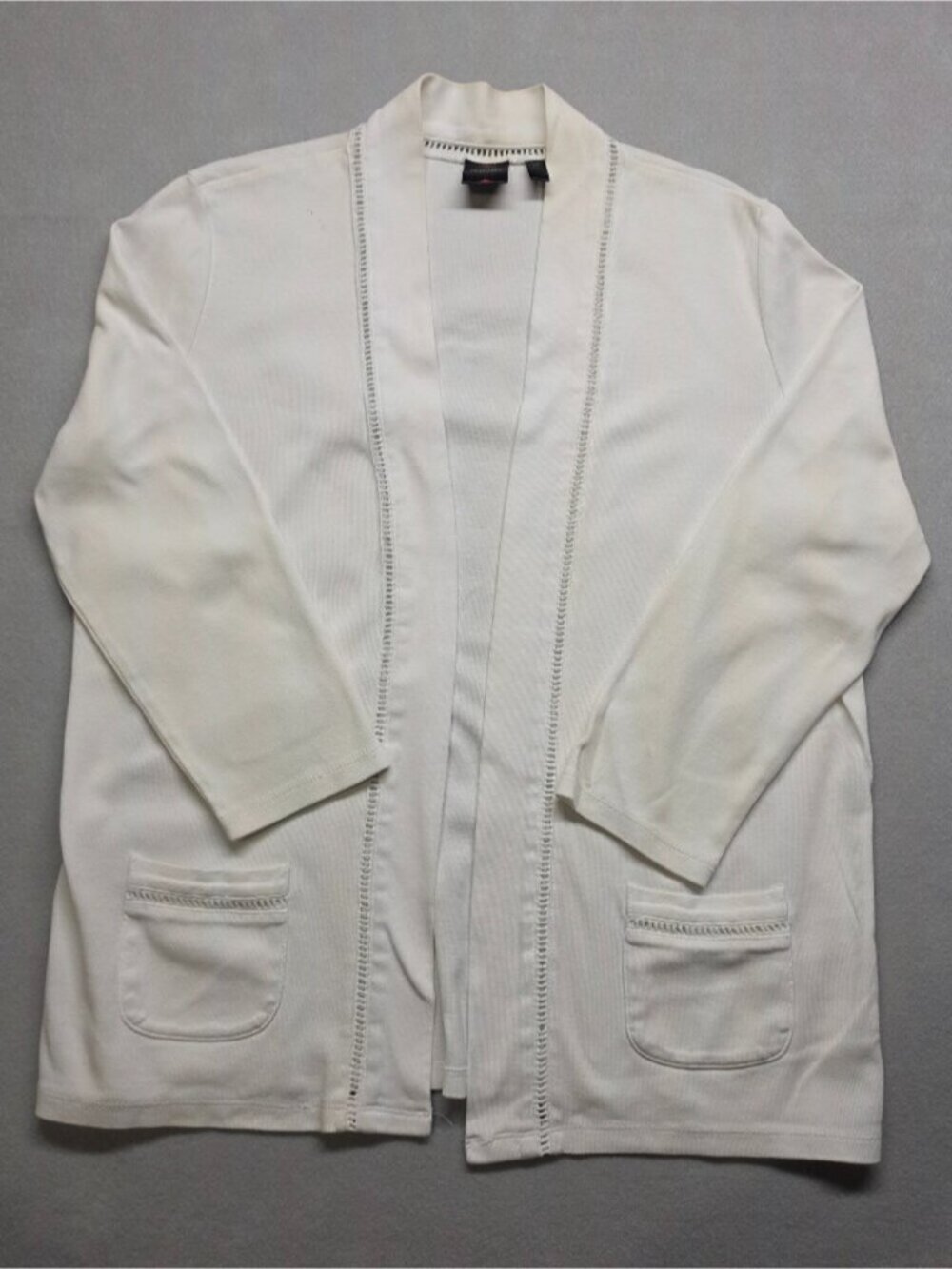 Rafaella White Open Front Crochet Trim Knit Cardigan Sweater Pockets Size L